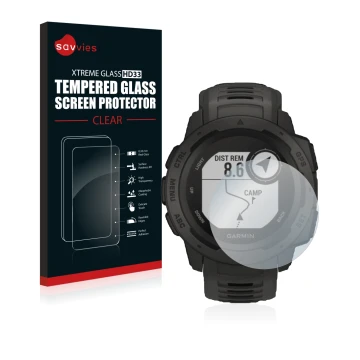 Face avant d’un emballage produit avec le logo de la marque Savvies. À côté, l’appareil Garmin Instinct Tactical Edition est r