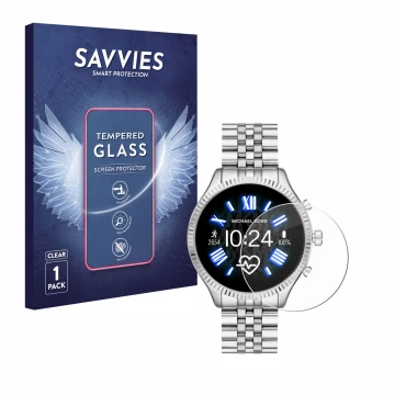 Face avant d’un emballage produit avec le logo de la marque Savvies. À côté, l’appareil Michael Kors Access Lexington 2 est re