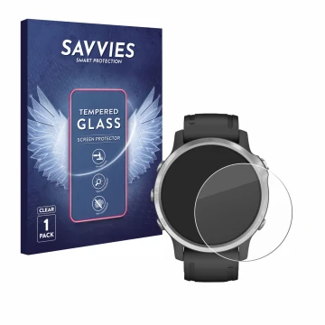 Face avant d’un emballage produit avec le logo de la marque Savvies. À côté, l’appareil Garmin Fenix 6S est représenté avec la