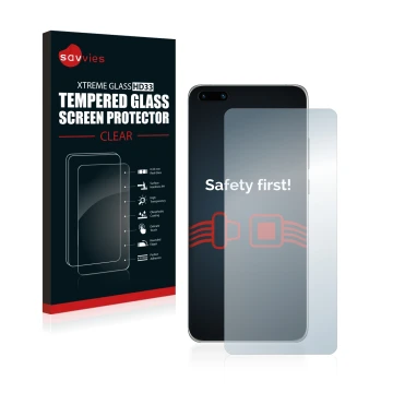 Face avant d’un emballage produit avec le logo de la marque Savvies. À côté, l’appareil Huawei P40 est représenté avec la prot