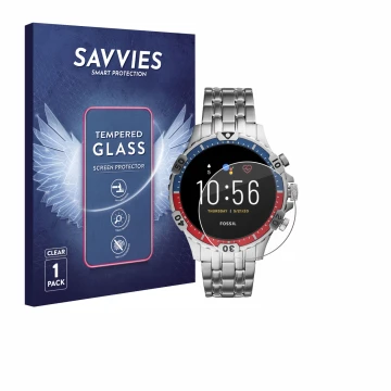 Face avant d’un emballage produit avec le logo de la marque Savvies. À côté, l’appareil Fossil Garrett HR (5. Gen) est représe