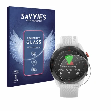 Face avant d’un emballage produit avec le logo de la marque Savvies. À côté, l’appareil Garmin Approach S62 est représenté ave