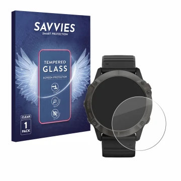 Face avant d’un emballage produit avec le logo de la marque Savvies. À côté, l’appareil Garmin Fenix 6X Pro Solar est représen