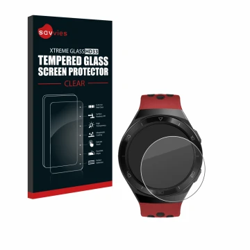 Face avant d’un emballage produit avec le logo de la marque Savvies. À côté, l’appareil Huawei Watch GT 2e est représenté avec