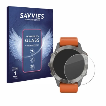 Face avant d’un emballage produit avec le logo de la marque Savvies. À côté, l’appareil Garmin Fenix 6 Pro Solar est représent