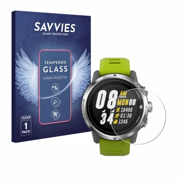 Face avant d’un emballage produit avec le logo de la marque Savvies. À côté, l’appareil Coros Apex Pro est représenté avec la 