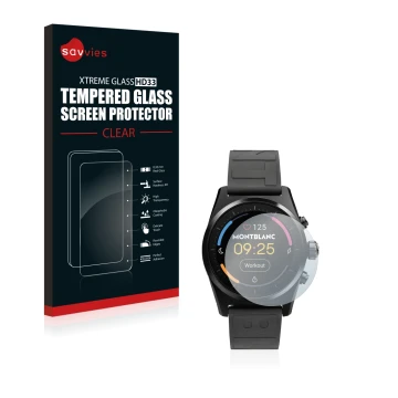 Face avant d’un emballage produit avec le logo de la marque Savvies. À côté, l’appareil Montblanc Summit Lite est représenté a