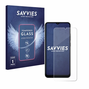 Face avant d’un emballage produit avec le logo de la marque Savvies. À côté, l’appareil Samsung Galaxy A02s est représenté ave