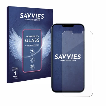 Face avant d’un emballage produit avec le logo de la marque Savvies. À côté, l’appareil Apple iPhone 13 Pro Max est représenté
