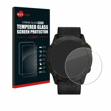 Face avant d’un emballage produit avec le logo de la marque Savvies. À côté, l’appareil Garmin Enduro est représenté avec la p