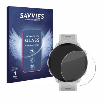 Face avant d’un emballage produit avec le logo de la marque Savvies. À côté, l’appareil Garmin Forerunner 55 est représenté av