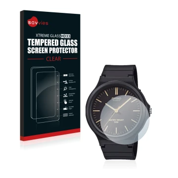 Face avant d’un emballage produit avec le logo de la marque Savvies. À côté, l’appareil Casio Unisex MW-240 est représenté ave