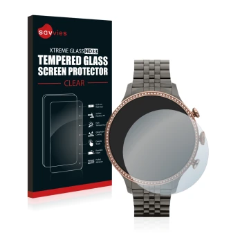 Face avant d’un emballage produit avec le logo de la marque Savvies. À côté, l’appareil Fossil Gen 6 (42mm) est représenté ave