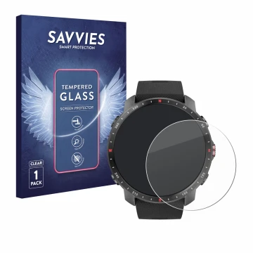 Face avant d’un emballage produit avec le logo de la marque Savvies. À côté, l’appareil Polar Grit X Pro est représenté avec l