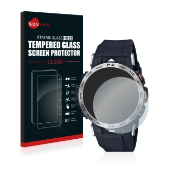 Face avant d’un emballage produit avec le logo de la marque Savvies. À côté, l’appareil Casio Pro Trek PRW-30-1AER est représe