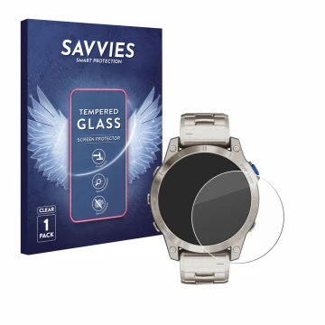 Face avant d’un emballage produit avec le logo de la marque Savvies. À côté, l’appareil Garmin D2 Mach 1 est représenté avec l