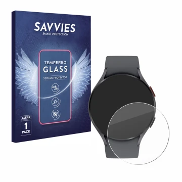 Face avant d’un emballage produit avec le logo de la marque Savvies. À côté, l’appareil Samsung Galaxy Watch 5 (44mm) est repr
