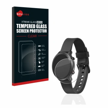 Face avant d’un emballage produit avec le logo de la marque Savvies. À côté, l’appareil Doro Watch est représenté avec la prot
