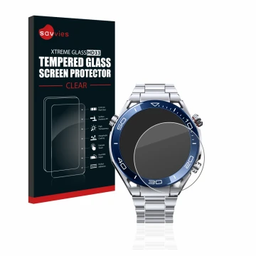 Face avant d’un emballage produit avec le logo de la marque Savvies. À côté, l’appareil Huawei Watch Ultimate (48.5 mm) est re