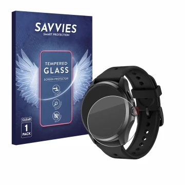 Face avant d’un emballage produit avec le logo de la marque Savvies. À côté, l’appareil Mobvoi TicWatch Pro 5 est représenté a