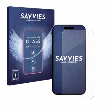 Face avant d’un emballage produit avec le logo de la marque Savvies. À côté, l’appareil Apple iPhone 15 Pro est représenté ave