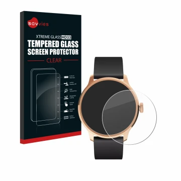 Face avant d’un emballage produit avec le logo de la marque Savvies. À côté, l’appareil Withings ScanWatch Light est représent