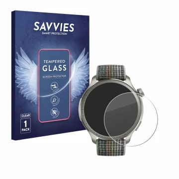 Face avant d’un emballage produit avec le logo de la marque Savvies. À côté, l’appareil Huami Amazfit Balance est représenté a