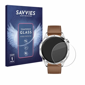 Face avant d’un emballage produit avec le logo de la marque Savvies. À côté, l’appareil Huawei Watch GT 4 (46mm) est représent