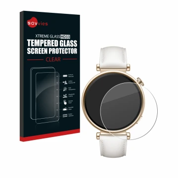 Face avant d’un emballage produit avec le logo de la marque Savvies. À côté, l’appareil Huawei Watch GT 4 (41mm) est représent