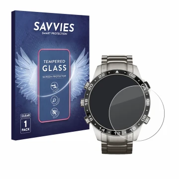 Face avant d’un emballage produit avec le logo de la marque Savvies. À côté, l’appareil Garmin Marq Aviator Gen 2 est représen