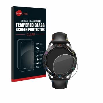 Face avant d’un emballage produit avec le logo de la marque Savvies. À côté, l’appareil Xiaomi Watch S3 est représenté avec la