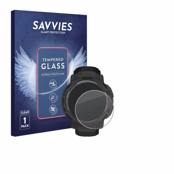 Face avant d’un emballage produit avec le logo de la marque Savvies. À côté, l’appareil Garmin Instinct Crossover Solar est re