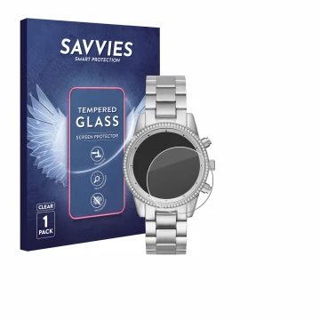 Face avant d’un emballage produit avec le logo de la marque Savvies. À côté, l’appareil Michael Kors Ritz MK6428 est représent