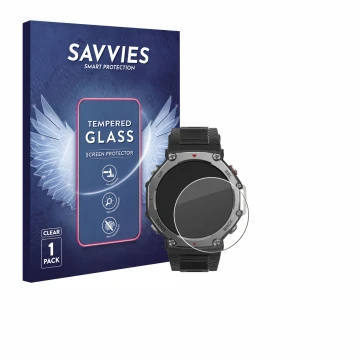 Face avant d’un emballage produit avec le logo de la marque Savvies. À côté, l’appareil Huami Amazfit T-Rex 3 est représenté a