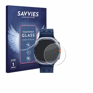 Face avant d’un emballage produit avec le logo de la marque Savvies. À côté, l’appareil Samsung Galaxy Watch Ultra 2 (47 mm) e