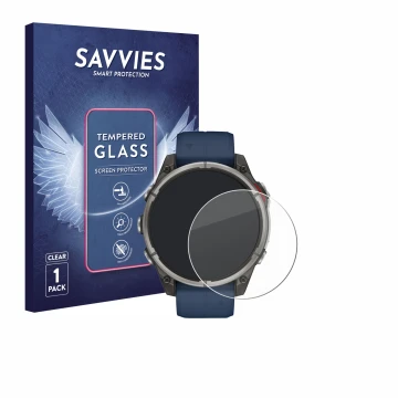 Face avant d’un emballage produit avec le logo de la marque Savvies. À côté, l’appareil Garmin quatix 8 (47 mm) est représenté