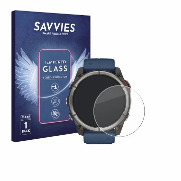 Face avant d’un emballage produit avec le logo de la marque Savvies. À côté, l’appareil Garmin quatix 8 (51 mm) est représenté