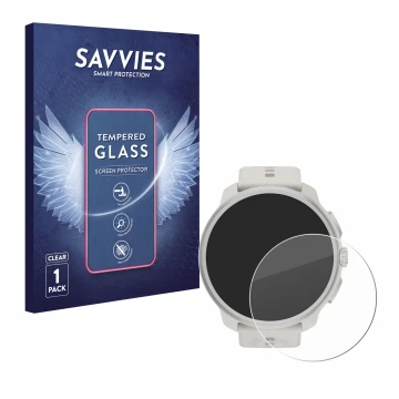 Face avant d’un emballage produit avec le logo de la marque Savvies. À côté, l’appareil Suunto Race 2 est représenté avec la p