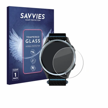 Face avant d’un emballage produit avec le logo de la marque Savvies. À côté, l’appareil Garmin Approach J1 est représenté avec
