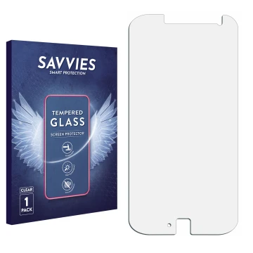 Face avant d’un emballage produit avec le logo de la marque Savvies. À côté se trouve la protection d’écran correspondante.