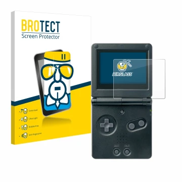 Face avant d’un emballage produit avec le logo de la marque BROTECT. À côté, l’appareil Nintendo Gameboy Advance GBA SP est re
