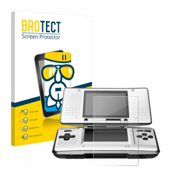 Face avant d’un emballage produit avec le logo de la marque BROTECT. À côté, l’appareil Nintendo DS est représenté avec la pro