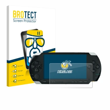 Face avant d’un emballage produit avec le logo de la marque BROTECT. À côté, l’appareil Sony PSP 1000 est représenté avec la p