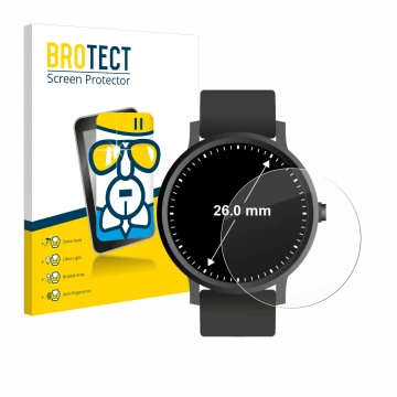 Face avant d’un emballage produit avec le logo de la marque BROTECT. À côté, l’appareil Montres (Circulaire, ø: 26 mm) est rep