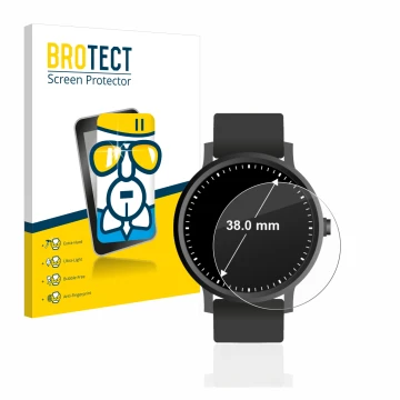 Face avant d’un emballage produit avec le logo de la marque BROTECT. À côté, l’appareil Montres (Circulaire, ø: 38 mm) est rep