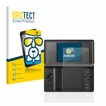 Face avant d’un emballage produit avec le logo de la marque BROTECT. À côté, l’appareil Nintendo DS LITE est représenté avec l
