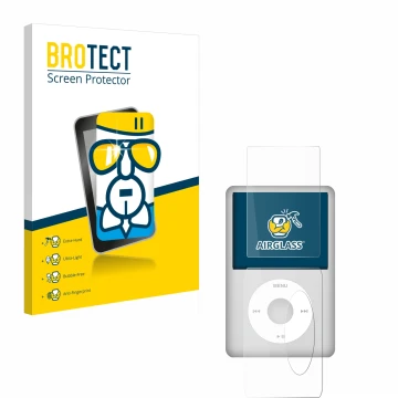 Face avant d’un emballage produit avec le logo de la marque BROTECT. À côté, l’appareil Apple iPod Classic (Avant+Arrière, 5.5