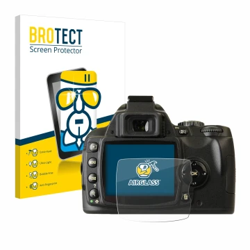Face avant d’un emballage produit avec le logo de la marque BROTECT. À côté, l’appareil Nikon D40x est représenté avec la prot