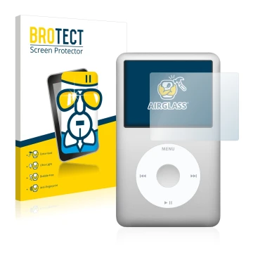 Face avant d’un emballage produit avec le logo de la marque BROTECT. À côté, l’appareil Apple iPod Classic (6ème Gen.) est rep