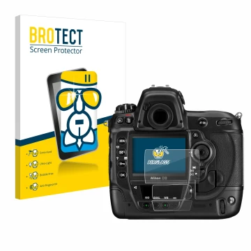 Face avant d’un emballage produit avec le logo de la marque BROTECT. À côté, l’appareil Nikon D3 est représenté avec la protec